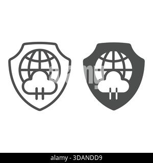 Globe with cloud on emblem line and solid icon, data protection concept. Vector graphics. Shield with world globe and cloud sign on white background, Stock Vector