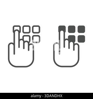 Typing pin code line and solid icon, data protection concept. Vector graphics. Hand pointer with buttons sign on white background, outline style icon Stock Vector