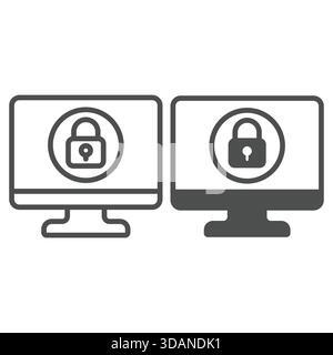Monitor with lock line and solid icon, data protection concept. Vector graphics. Display, desktop with locked screen sign on white background, outline Stock Vector