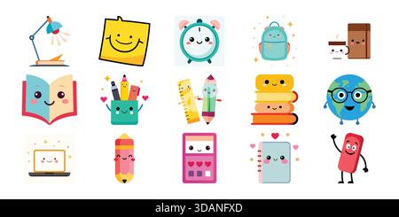 Cute cartoon school supplies and stationery icons set Stock Vector