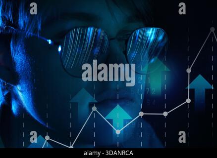 Programmer or software engineer working, closeup. Code reflecting in man's glasses Stock Photo