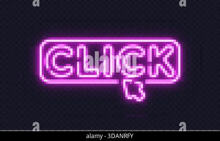 Neon sign with CLICK text and a glowing cursor symbol, ideal for buttons, links or web interfaces. Stock Vector