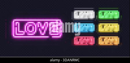 Bright neon typography LOVE in a series of color options, ideal for romance, emotions or festive graphics. Stock Vector