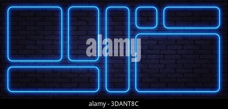 Blue neon frames with rounded corners glowing on a dark brick wall. Futuristic tech layout perfect for digital banners, UI design, or sci-fi Stock Vector