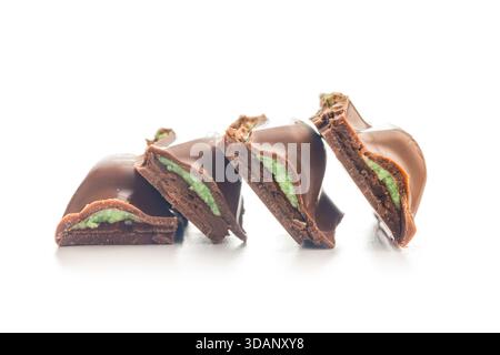 Chocolate bar with pistachios cream isolated on a white background. Stock Photo