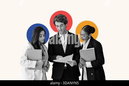 Three Professionals Collaborate on a Project in a Modern Office Setting Stock Photo