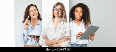 Collage of Three Business Professionals Engaged in Collaborative Work Stock Photo
