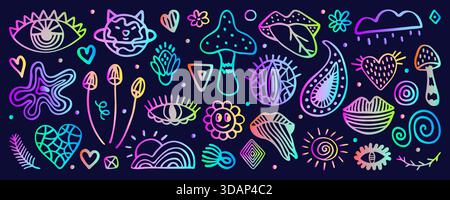 Line neon psychedelic doodle hand drawn set. Hologram gradient isolated signs, ultra acid holographic glow. Mushrooms, lips, eyes, hearts, suns, cloud Stock Vector