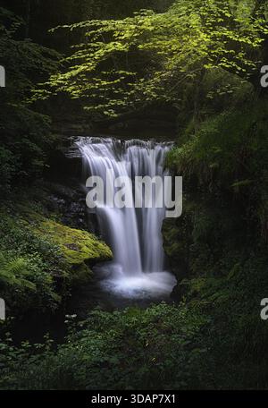 Small waterfall in the Pasiegos Valleys, Cantabria, Spain. Stock Photo