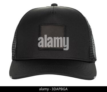 Black trucker cap with blank square patch Stock Photo