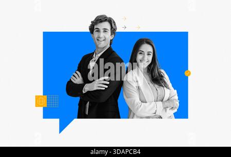Creative Collage Showcasing Two Professionals Smiling Confidently Against a Vibrant Background Stock Photo