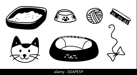 Hand drawn cat accessories set in outline doodle style. Vector collection of pet care illustrations.  Stock Vector