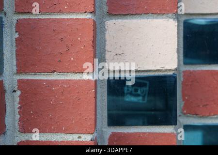 A close-up section of a building wall features rough red bricks, light beige blocks, and glossy dark glass tiles with reflections. Stock Photo