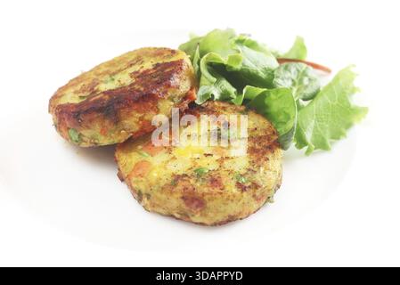 Food, Two Fried Veggie Patties With Salad Isolated On White Stock Photo