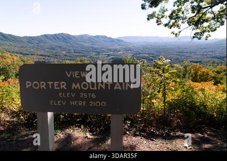 Sign at Porter Mountain View Overlook on Blue Ridge Parkway in Virginia Stock Photo