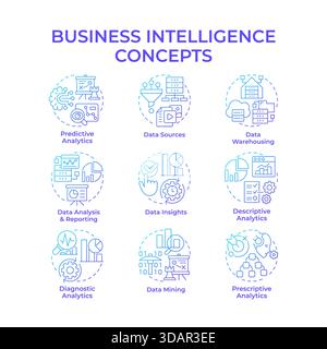 Business intelligence blue gradient concept icons Stock Vector