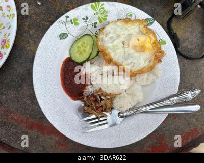 A plate of traditional Malaysian nasi lemak featuring white rice, fried egg, spicy sambal, crispy anchovies, and cucumber slices served on patterned d Stock Photo
