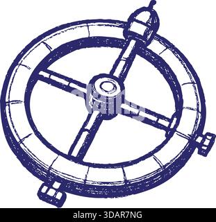 Technical blue sketch of a circular orbital station with spokes and docking details. Stock Vector