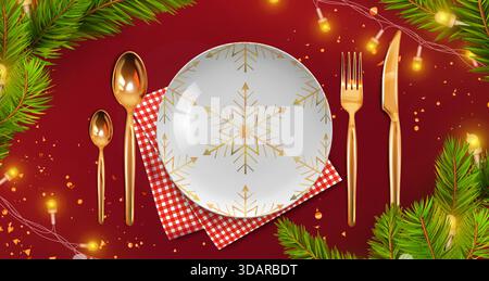 Christmas plate with golden snowflake pattern and cutlery on red bg for holiday table setting. White dish with fork, knife and spoons beside checkered napkin and pine branches with festive lights. Stock Vector