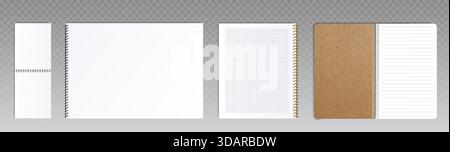 Spiral ring binder notebooks with blank, grid and lined pages. Realistic open sketchbooks bound by metal coils in silver or gold with kraft brown cardboard cover option on transparent backdrop. Stock Vector
