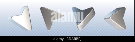 Chrome arrow icons with metallic surfaces and soft shadows. Realistic steel or silver triangular pointers in polished metal finish at various angles on transparent background for interface design. Stock Vector