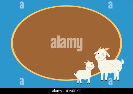 Cartoon goat frame template on blue background. Farm animals frame with cute goat and baby kid. Stock Vector