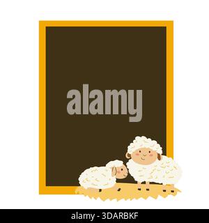 Cartoon sheep frame template with dark board. Cute farm animal with baby kid for books, mascots, children's design. Stock Vector