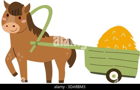 Cute horse with a cart of hay. Cartoon farm animal isolated on transparent background in vector file. Kids illustration for books, mascot, fabric desi Stock Vector