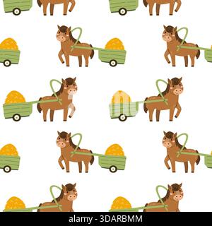 Cute horse pattern with a cart of hay. Cartoon seamless background for kids prints. Farm texture for kids designs. Stock Vector