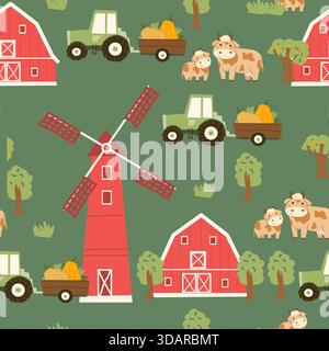 Cartoon seamless pattern with cute farm animals and farmhouses, mills, tractors with harvest and cows. Cute kids print on green background. Stock Vector