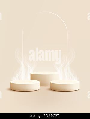 contemporary visual featuring three smooth creamy beige cylindrical podiums set against a pale peach studio wall, showcasing new cosmetic or beauty pr Stock Vector