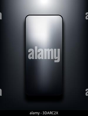 vertical screen smartphone mockup realistic silver metallic gradient on dark studio background. bright spotlight from above emphasizes premium modern Stock Vector