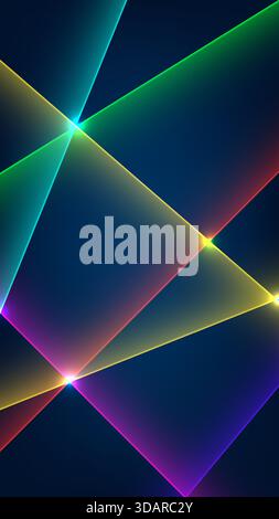vibrant laser light beams intersecting abstract geometric pattern. technological display, neon green, red, yellow, and purple, on a dark blue backgrou Stock Vector
