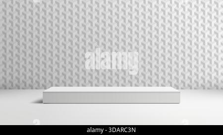 professional 3D empty sleek white podium in modern studio room for product display. The background is subtle repeating geometric chevron pattern, perf Stock Vector
