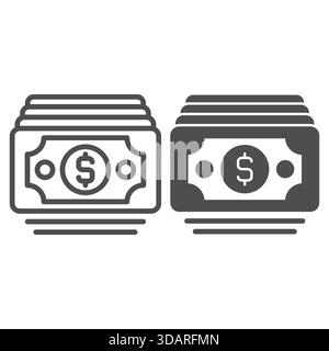 Dollar paper bills line and solid icon, bank account concept. Vector graphics. Money cash sign on white background, outline style icon for mobile or w Stock Vector