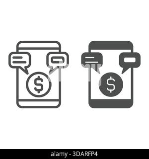 Smartphone, coin and messages line and solid icon, bank account concept. Vector graphics. Money spending, shopping by phone sign on white background, Stock Vector