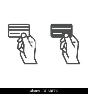 Hand holding credit card line and solid icon, bank account concept. Vector graphics. Plastic money card with chip sign on white background, outline st Stock Vector