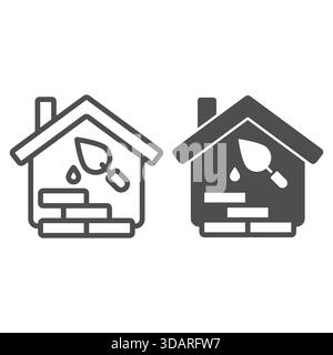 House bricks, trowel with cement line and solid icon, construction concept. Vector graphics. Cottage building repair sign on white background, outline Stock Vector