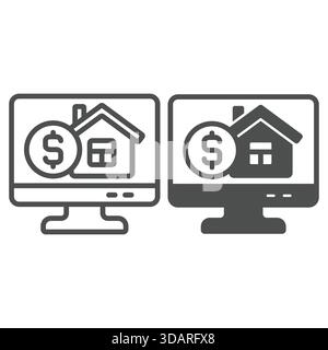 Monitor screen with coin and house line and solid icon, housing market concept. Vector graphics. Display with money, building sign on white background Stock Vector