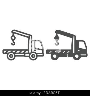 Tow truck with hook and platform line and solid icon, emergency service concept. Vector graphics. Car evacuation vehicle sign on white background, out Stock Vector
