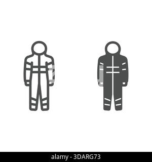 Firefighter man suit line and solid icon, emergency service concept. Vector graphics. Protective workwear costume sign on white background, outline st Stock Vector