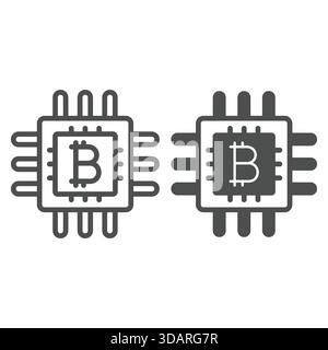 Bitcoin processor chip line and solid icon, mining data concept. Vector graphics. Integrated circuit microchip with coin sign on white background, out Stock Vector