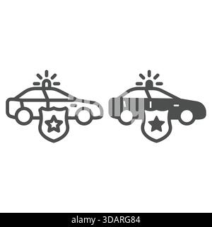 Police car with shield line and solid icon, emergency service concept. Vector graphics. Auto vehicle with siren light lamp sign on white background, o Stock Vector