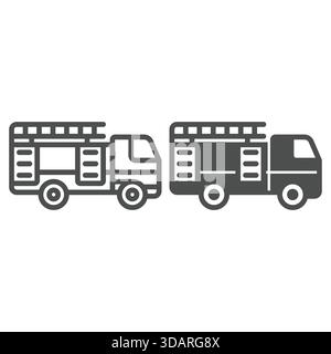 Ladder truck line and solid icon, firefighter service concept. Vector graphics. High rise ladder rescue vehicle sign on white background, outline styl Stock Vector