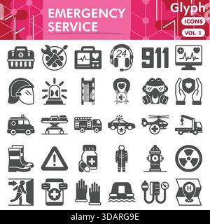 Emergency service symbols collection or sketches. human rescue theme icons in glyph style signs for web and app. Vector graphics isolated on white bac Stock Vector