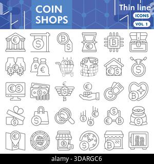 Coin shops symbols collection or sketches. bitcoin market theme icons in thin line style signs for web and app. Vector graphics isolated on white back Stock Vector