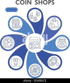 Coin shops symbols collection or sketches. bitcoin market theme icons in line style signs for web and app. Vector graphics isolated on white backgroun Stock Vector