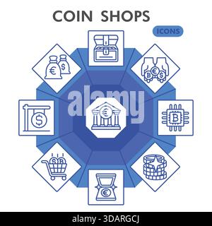 Coin shops symbols collection or sketches. bitcoin market theme icons in line style signs for web and app. Vector graphics isolated on white backgroun Stock Vector