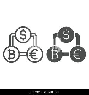 Coins chain group line and solid icon, finance concept. Vector graphics. Money coins with bitcoin, dollar, euro sign on white background, outline styl Stock Vector