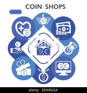 Coin shops symbols collection or sketches. bitcoin market theme icons in glyph style signs for web and app. Vector graphics isolated on white backgrou Stock Vector